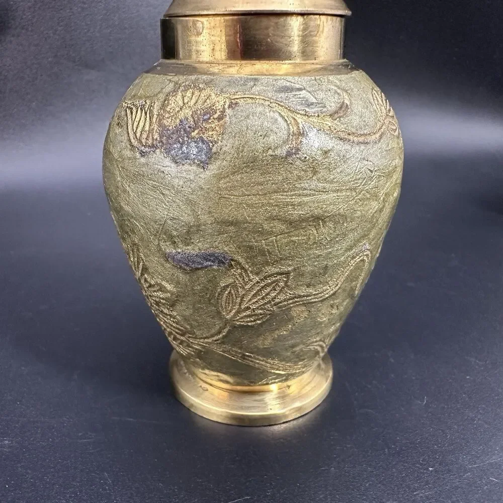 Vintage Anglo Indian Brass Decor Set Sage Green Enamel Pitcher & Lidded Jar